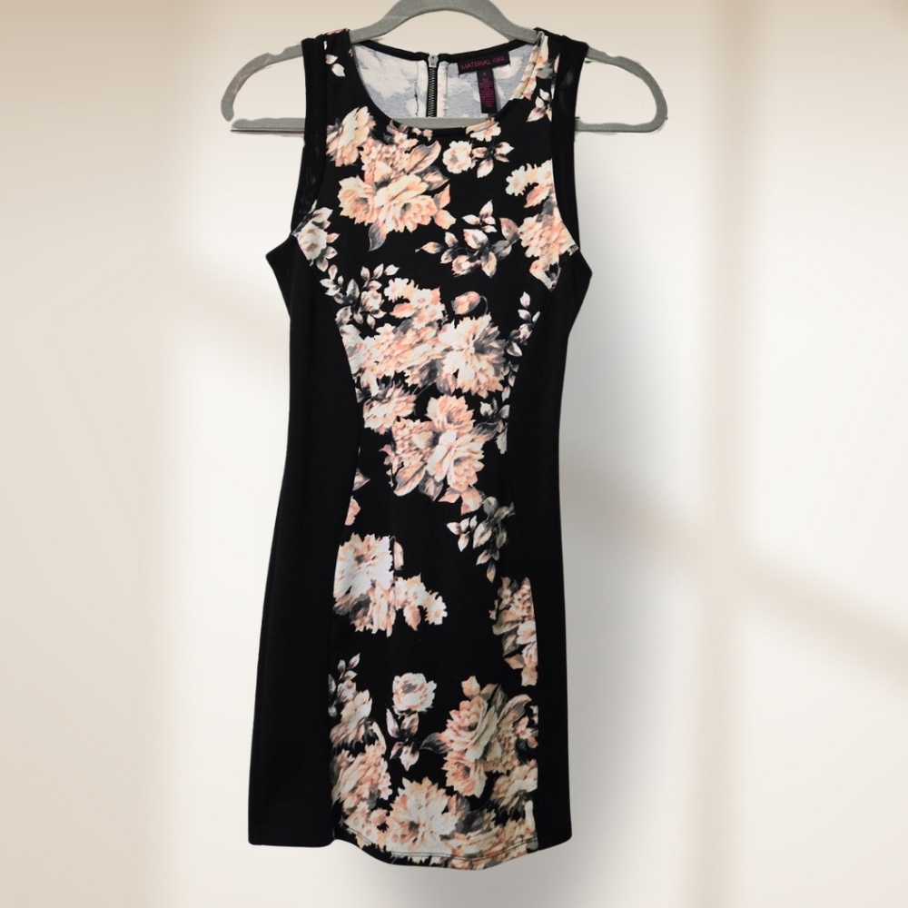 Floral Panel Fit-and-Flare Dress - Black with Blush Floral